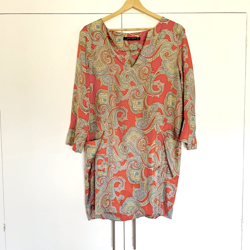 Zara Paisley Retro Mini Shift Dress 100% Silk Size Medium